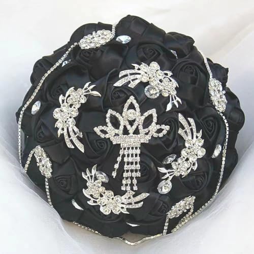 Black Bridal Wedding Bouquet with Bling Brooch Rhinestone String Cascade Satin Rose Flower Bouquet for Bride Bridesmaid Quinceanera Wedding Black 7.1in - color: ['Black #2'], size: Diameter: 7.1 inches