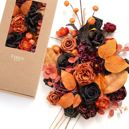 Ling's moment Artificial Flowers and Greenery Combo Box Set, Halloween Theme Decoration for DIY Wedding Bouquets Party Centerpieces and Floral Arrangements (Black and Orange) - color: Blk-black & Orange, size: Deluxe