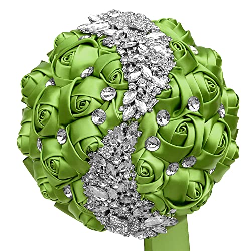 XINNI Brooch Bridal Wedding Bouquet Green Bride Bridesmaids Satin Rose Flower Bouquet with Meteor Shower Shape Rhinestone for Wedding Light Green - color: Light Green