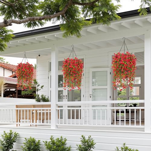 Artificial Fake Hanging Flowers Plants for Outdoor Spring Summer Decoration, 4PCS Faux UV Resistant Silk Daisy with Eucalyptus Leaves Realistic Planter for Porch Patio Home Balcony Yard Decor(Red) - color: Red
