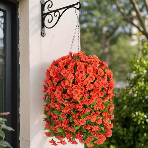 Ammyoo Artificial Faux Hanging Flowers Basket for Fall Outdoor Porch Decor, Fake Silk Colorful Morning Glory Eucalyptus in Planter UV Resistant Look Real for Home Balcony Yard(Orange) - color: Orange