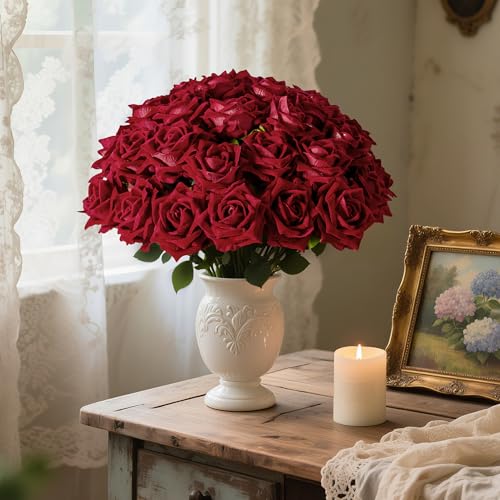 Ttranewsoo Fake Roses Faux Flowers Silk Roses Artificial Roses with Stems Realistic Artificial Flowers Suitable for Indoor Home Decoration DIY Bouquet Wedding Decor Party Decor 16.5In (Red, 36PCS) - color: Red 36pcs