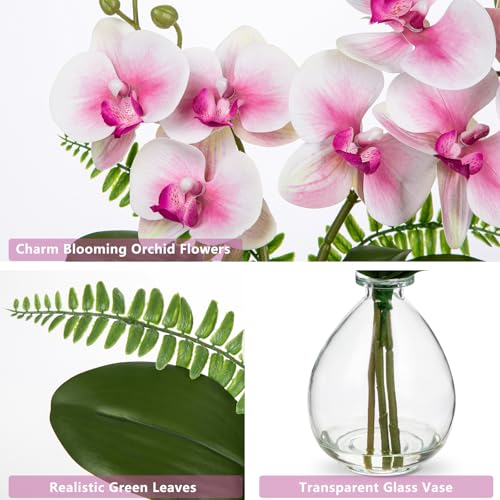 Oairse Pink Orchids Artificial Flowers, Faux Orchid in Glass Vase Real Touch Small Phalaenopsis Orchid Flowers Arrangements with Clear Vase Orchids Centerpiece for Dining Room Table - color: Pink & Clear