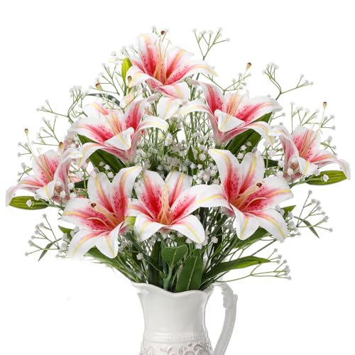 Giegxin 18 Pcs Artificial Pink Lilies with Baby's Breath, Latex Fake Tiger Lily Bouquet for Spring Home Church Wedding Decorations, Faux Gypsophila Floral Arrangement - color: Pink, White, style: Lily, Babys Breath