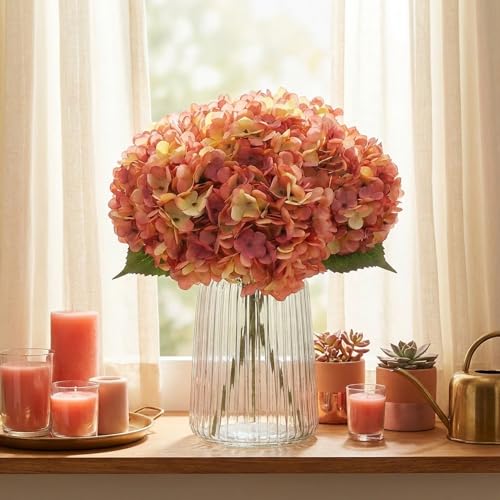 5Pcs Artificial Fake Flowers Plants Silk Hydrangea 1 Flower Head Arrangements Wedding Bouquets Decorations Plastic Floral Table Centerpieces Home Kitchen Garden (Dusty Pink) - color: Dusty Pink&green