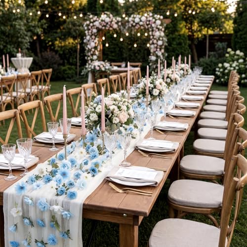 6 Pcs 35.4 Inch Artificial Hydrangea Flower Garlands with 3 Pcs 10 Ft Wedding Tulle Table Runner Wildflower Vines Floral Table Runner Garlands for Wedding Bridal Shower Spring Tea Party - style: Hydrangea