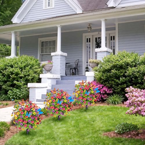 ICX 2 PCS Artificial Boxwood Topiary Ball Trees with Flowers, 23.6" Outdoors Fake UV Resistant Plants Faux Eucalyptus Shrubs Bushes for Porch Patio Garden (Butterfly) - color: Mix With Butterfly