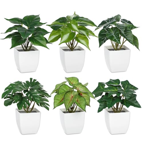 Briful 6PCS Fake Plants Potted Artificial Plants, Mini Faux Plants in White Pots Greenery Décor for Home Office Table Shelf Bathroom Farmhouse Indoor Decoration - color: Type#3