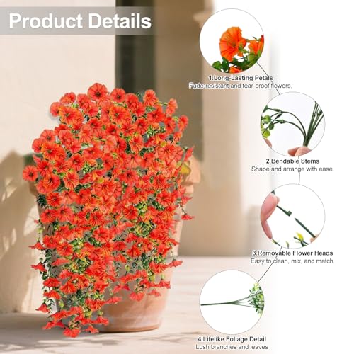 Artificial Flowers for Outdoors Decoration, 4Pcs Fake Hanging Flowers Morning Glory UV & Fading Resistant, Artificial Faux Plants Deocr for Home Porch Patio Balcony Planter Yard Garden Farmhouse - color: Orange