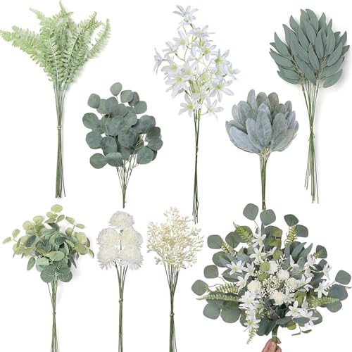 VIERENA Artificial Greenery Stems Box Set(Pack of 65pcs) with 8 Kinds of Faux Plants and Fake Flowers for DIY Wedding Bouquet Table Centerpieces and Floral Arrangement (Beige&Dusty Green) - color: Beige&dusty Green