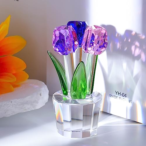 Qianwei Crystal Tulips Flowers Figurine Colorful with Vase - Glass Flower Bouquet Collectible Figurines Crystal Office Home Decor Paperweight - Tulip Gifts for Women Mom Bestfriend Wedding Anniversary - color: Pink Blue Purple Tulip