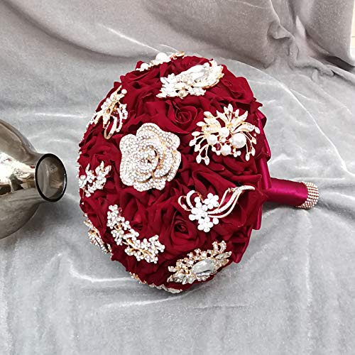 YIFU Wedding Bride Water Drop Wine Red Bouquet Navy Blue Luxury Jewelry Proposal Bridesmaid Groom Bride Flower Wedding Bouquet - color: Wine Red Ball Bouquet