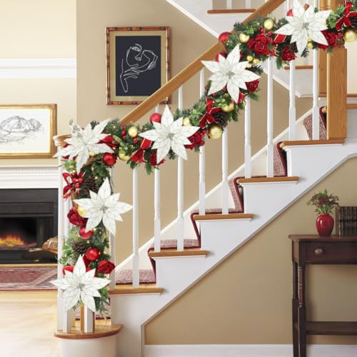 Briful 6 Pack White Glitter Christmas Poinsettia Picks, 13.8'' Artificial Floral Stems with Gold Edges & Sparkle Beads, 9.8'' Blossom Holiday Flower Picks for Tree, Wreath, Table Centerpiece Decor - color: White#351, size: 12'' POINSETTIA / 6PCS