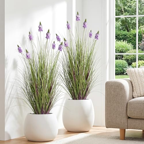 Fake Plants 47in - Artificial Grass with Hyacinth Flowers, 2PC Faux Plants with Pot for Indoor Outdoor,4FT Tall Grass Fake Greenery with Pot, Home Wedding Decor, Housewarming Gifts, Purple - color: 1.2m Purple2