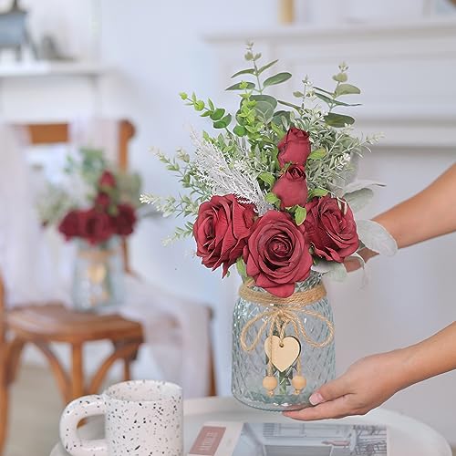 Faux Flowers with Vase,Artificial Silk Roses in Vase, Fake Plant Eucalyptus Flower Arrangement for Home Office Farmhouse Bathroom Dining Table Centerpiece Decorations Coffee Table Decor (Burgundy) - color: Burgundy
