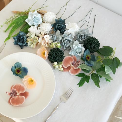 Spring Artificial Flowers Combo, Blue Dahlia, Orchid, Gardenia Bouquet Kit, DIY Floral Arrangement Box for Wedding Centerpieces, Bridal Bouquet, Home Decor - color: Box