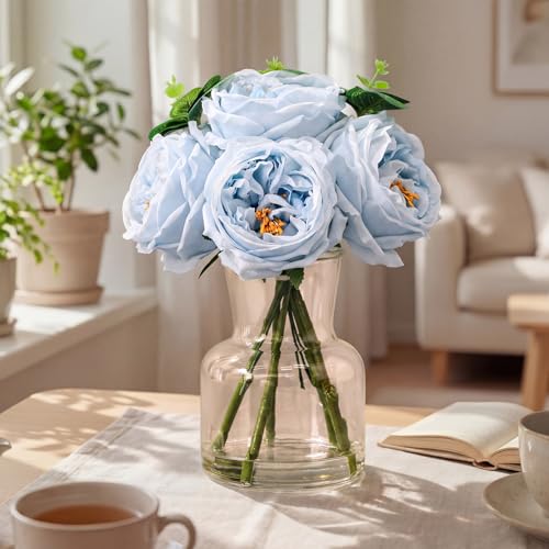 Norme Real to Touch Penoies Artificial Flowers, 6 Pcs Faux Austin Rose in Vase with Big Bloom and Fake Water Real Latex Petals for Wedding Dining Table Centerpiece Home Decor(Light Blue) - color: Light Blue