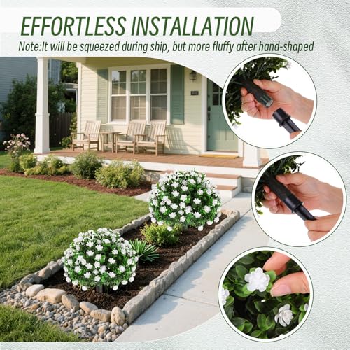 Yunlly Set of 6 Artificial Boxwood Topiary Ball Tree 16 Inch Outdoor Topiary Tree with Flower Fake Bushes, UV Resistance Faux Shrubs Evergreen Plant with Spike for Front Porch Indoor Decor (White) - color: White