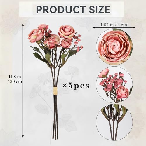 Pink Ranunculus Artificial Flowers 5 Bouquets Fake Silk Mini Ranunculus with Stems 15PCS Faux Peonies Spring Flowers for DIY Wedding Bride Shower Centerpieces Home Vase Filler Decorations (Pink) - color: Pink