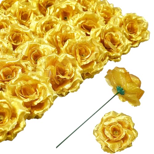 Rose Artificial Flowers, 50Pcs Gold Roses Head Flowers Bulk with Stem, 3 Inches Silk Rose Fake Flower Head for Wedding Party Home Decor DIY Baby Shower Centerpieces Tables Decoration(Gold) - color: Gold