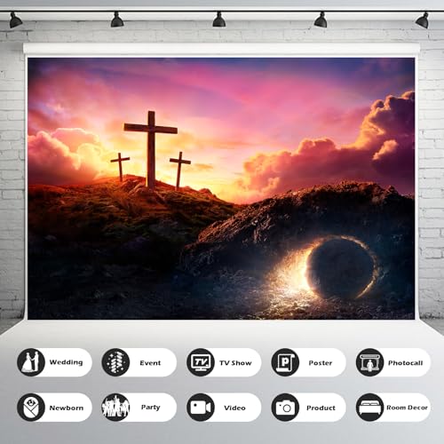 Empty Tomb Backdrop Sunrise Sunset Jesus Christ Crucifixion Resurrection Cave Photography Background Hole Holy Lights Easter Background Three Crosses Jesus Christ Backgrounds Props Banner 5x3ft - color: Black Rose_Red, size: 5x3ft