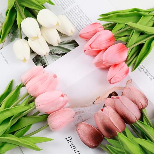 Beferr 18pcs Tulips Artificial Flowers Faux Tulip Real Touch Tulip Fake Flowers Bouquets Arrangements for Mothers Day Spring Easter Wedding Home Table Decor Colorful - color: B-18pcs-3colors-colorful-2, size: 18PCS