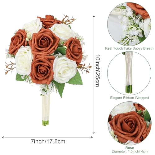 Artificial Bridesmaid Bouquets Set of 6 - Wedding Bouquet Burnt Orange Rose White Babys Breath 7 Inch Flower Bride Bouquet for Wedding Bridal Shower Centerpiece Ceremony Anniversary Fall Decorations - color: Orange & White, size: Set of 6 Bridesmaid Bouqu