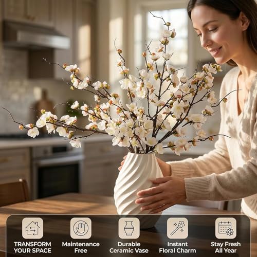 Betylifoy 4 Pcs Artificial Cherry Blossom Branches 38" Long Stems Faux Plum Blossom Flowers White Fake Flowers for Spring Decor Faux Silk Cherry Stems for Vase Arrangement Home Wedding Table Decor - color: White
