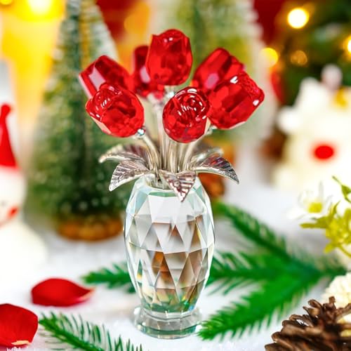 H&D HYALINE & DORA Crystal Rose Flower Figurine,Glass Flower Bouquet Ornament,Glass Rose Gift for Christmas Mother's Day Valentine's Wedding Party - color: Red 1