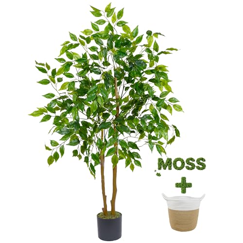 Warmplants Artificial Ficus Tree, 4ft Tall Fake Ficus Tree with Basket, Faux Plant for Indoor Outdoor Home Livingroom Office Garden Porch Décor - color: Ficus, size: 4ft