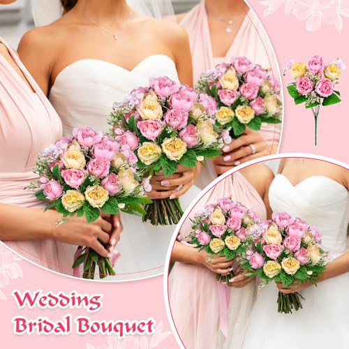 Olgaa 12 Bundles Peonies Artificial Flowers Fake Peony Bouquet Faux Peonies Flowers Bulk with Stems Flower Balls for Centerpiece Table Decorations Wedding Bridal Floral Arrangement (Pink) - color: Pink