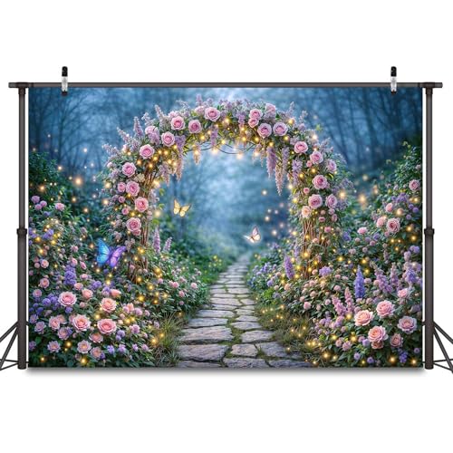 5x3ft Enchanted Forest Backdrop Fairy Tale Magic Garden Floral Arch Butterfly Photography Background for Kids Girls Baby Shower Birthday Party Decoration Photo Booth Props - color: Pink05, size: 5X3FT