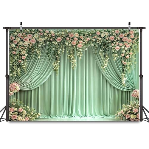 5 x 3 ft Sage Green Floral Backdrop Spring Rose Wall Background Pink Flowers Backdrops Tea Party Backdrop Floral Girls Birthday Weeding Valentine's Day Mother's Day Event Banner Photo Props - color: Green, size: 5X3FT