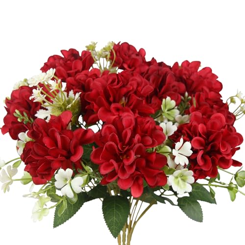 3 Pcs Silk Cemetery Flowers Artificial Geraniums for Outdoors UV Resistant Dark Red Artificial Topiary Potted Faux Flowers for Planters Outdoor Hanging Front Porch Garden Patio Grave Decor - color: Dark Red