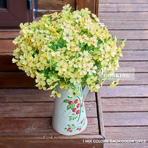 PONKING Artificial Flowers for Outdoors Patio Decoration 12 Bundles Fake Flower Cherry Blossom UV Resistant Faux Plants Yard Garden Porch Home Boxwood Planter Patio Decor, Yellow Flower - color: D Yellow Cherry Blossom 12pcs