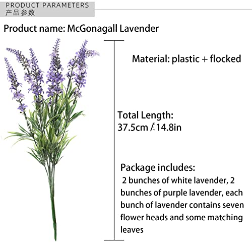 hanlongyu Lavender Flowers Wedding Decorations Bouquet Pack of 4, Artificial Lavender Fake Flower Plants Fall Outdoor Decor, Faux Flowers for Wedding