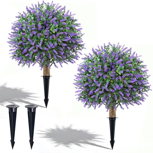 24" Artificial Boxwood Topiary Trees, UV Resistant Faux Plants Shrubs Bushes Fake Greenery Plants for Front Door Indoor Outdoor Home Decor with Metallic Spike - color: Lavender Ball Tree