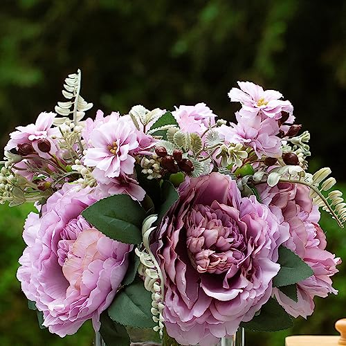 ENOVA FLORAL Artificial Flower Arrangement with Vase,Mixed Artificial Silk Peony Flower in Vase for Decoration Home Office, Wedding Centerpiece (Purple) - color: Purple