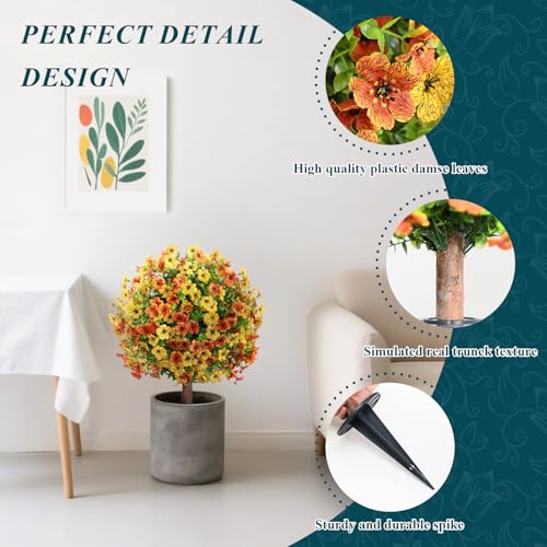 momoplant Artificial Boxwood Topiary Ball Tree with Mum Flowers 24” Tall Faux Plant with Ground Spikes Set of 2 Fake Flower Bushs for Farmhouse Porch Home Garden Decor - size: 2Pcs with Spike（Yellow&Orange）
