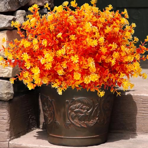 Grunyia 12 Bundles Artificial Fall Flowers No Fade Faux Autumn Plants, Fake Indoor Outdoor Greenery Decorations for Thanksgiving Christmas Wedding Party Home Garden Fireplace Décor (Fall Orange) - color: Fall Orange