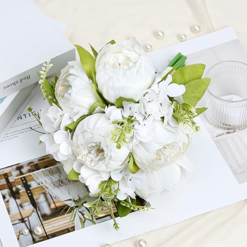 White Bridesmaid Bouquet for Wedding, an Artificial Silk Peonies Flowers Bouquet for Marriage Decorations - color: White