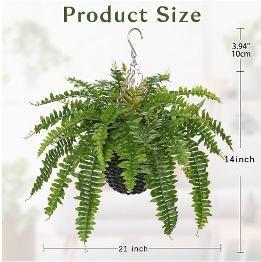 Hollyone 21" Artificial Boston Fern Hanging Basket 31 Leaves Fake Ferns in Rattan Pot Medium Greenery Plants for Outdoors & Indoor Faux Fern Bush Basket Plant Patio Garden Home Decor Green - color: Hanging Basket - Green Medium