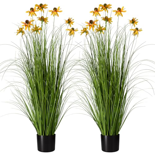 2-Pack 47in/4ft Artificial Grass with Yellow Fake Flowers, Potted Faux Floor Plant, Realistic Tall Greenery for Patio Porch Living Room Garden Decor - color: 2pac Green2