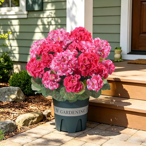 Geraniums Artificial Flowers for Outdoors, 2 Pack Potted Plants Faux Geraniums Bush Artificial Topiaries Realistic UV Resistant Fake Flowers Greenery for Outside Gardens Porch Patio Yard Indoor, Mix - color: 6 Pink, 6 Hot Pink