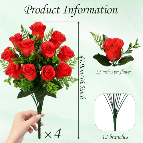 XONOR Artificial Rose Flowers - 4Bouquets Realistic Fake Silk Roses for Wedding Party Home Centerpieces Office DIY Cemetery Grave Decoration (Pack of 4, Red) - color: Red