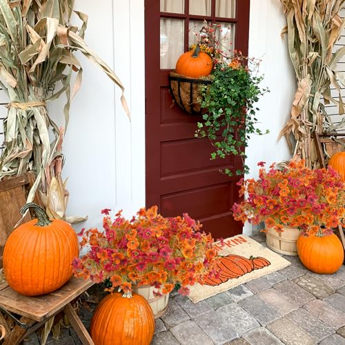 12Pcs Artificial Fall Flowers Mums for Outdoors, Fake Faux Plants Silk Colorful Flowers Eucalyptus Realistic UV Resistant for Outside Home Planter Porch Patio Yard Decor (12, Fall Orange 2 Colors) - color: Fall Orange 2 Colors