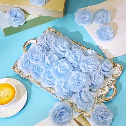 Thiccywoov 50 Pcs Artificial Flowers, 3.2 Inches Silk Rose Head Flowers Fake No Stem for Wedding Bridal Bouquet Home Floral Decor DIY Centerpieces Arrangements Party Tables Decoration(Sky Blue) - color: Light Blue