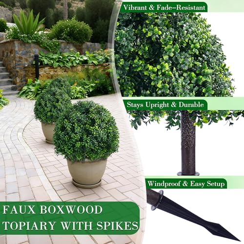 24.8 Inch Artificial Boxwood Trees, 2 Sets Faux Boxwood Topiary with Spikes, Pot Filler Fake Shrubs Plants for Outdoor PlantersFront Porch Decor Round Topiary Bush Balls Home Garden Spring - color: 24" Boxwood