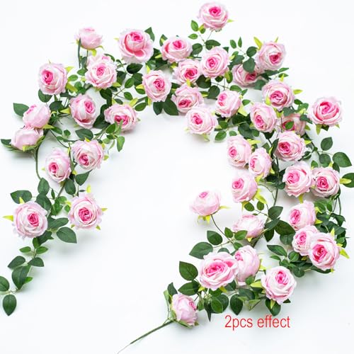 2Pcs 12Ft Bendable Artificial Flower Garland Faux Rose Vine Hanging Floral Garland for Wall Decor Trellis Fence Home Room Garden Wedding Decoration(Pink, 2pcs) - color: Pink, size: 2pcs