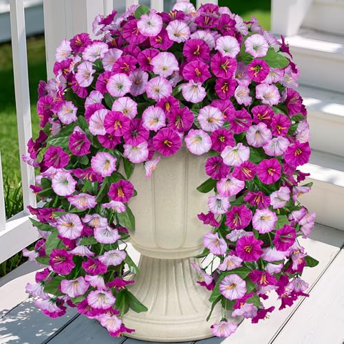 INXUGAO Artificial Fake Hanging Flowers Plants for Outdoor Decoration, 2PCS Faux Silk Morning Glory Long Vines Stems UV Resistant Look Real for Outside Home Porch Patio(Violet) - color: Violet